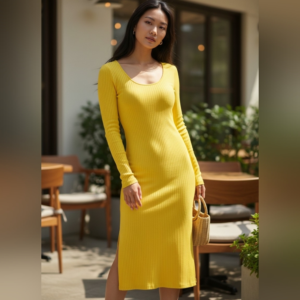 Ribbed Knit Bodycon Dress Long Sleeve Small Yellow  Ribbed Summer Preppy